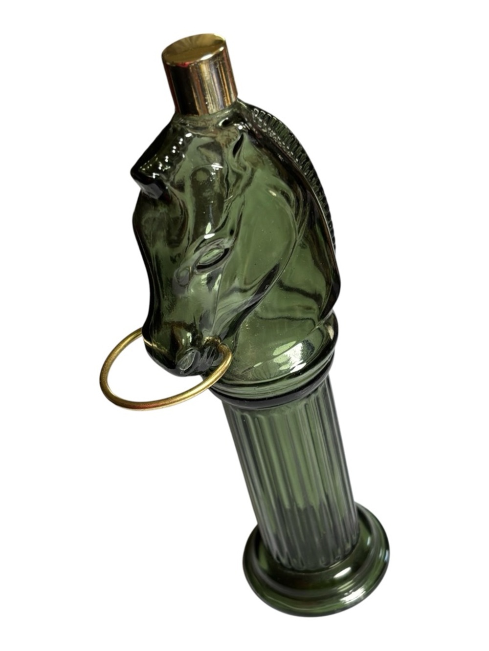 Avon Green Pony Post glass Decanter with Gold Ring Stopper Empty